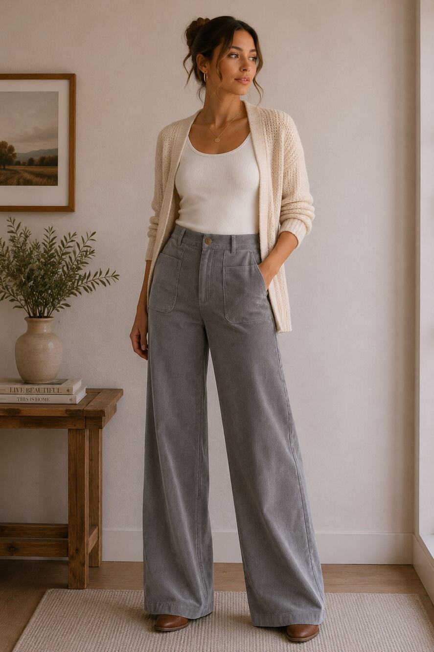 Gray Corduroy Wide Leg Pants Elastic Waist 1XL Plus Size